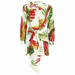 Farm Rio Spring Forest Floral Faux Wrap Long Sleeve Linen Mini Dress